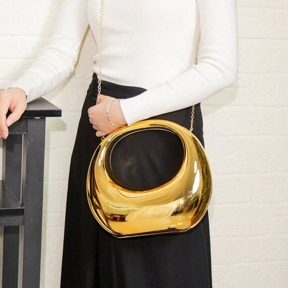 Gold Glamorous Women's Metal Color Evening Bag With Circular & Crescent Patterns - Picture 4 of 7